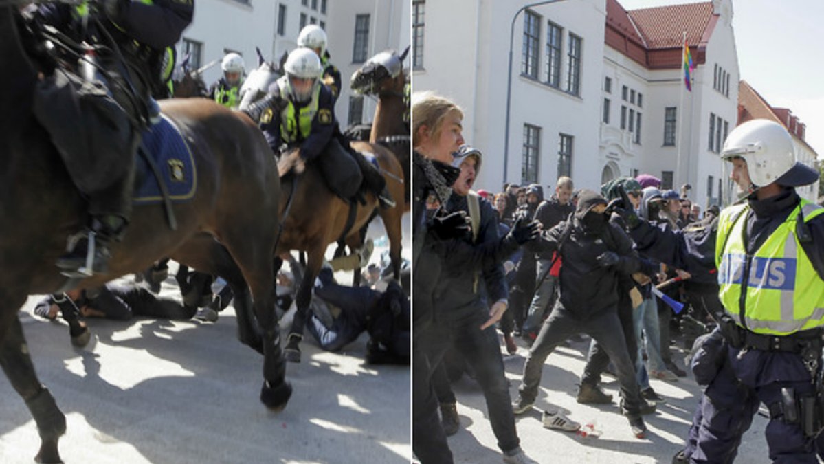 Våldsamt upplopp och flera allvarligt skadade vid antinazistisk demonstration på Limhamns torg i Malmö.